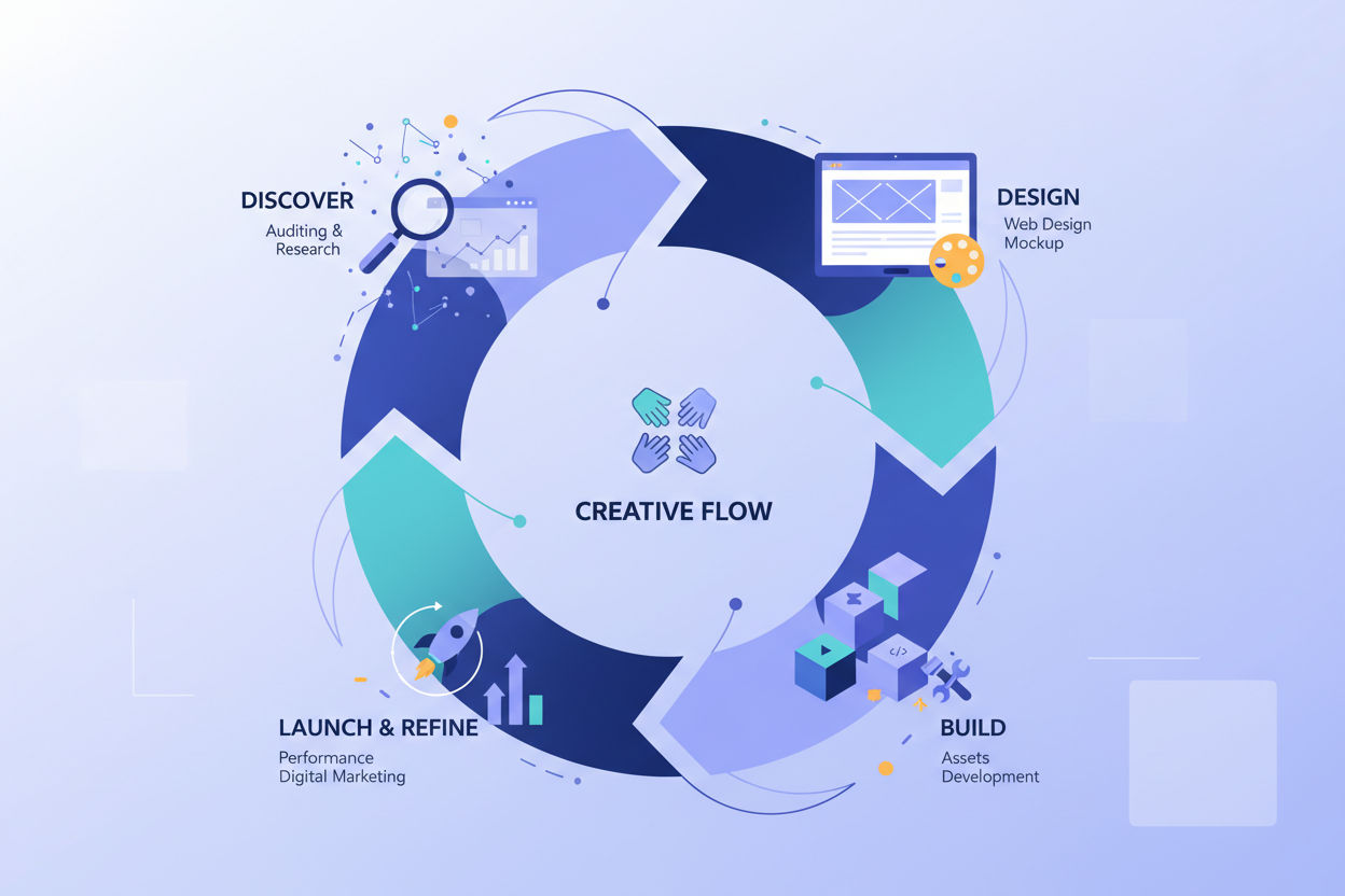 We keep it simple, fast, and collaborative.DiscoverWe audit your current visuals, ads, and site, then map them to your goals. This is where we define your offers, audience, and what “good” actually looks like.DesignOur team builds initial concepts, copy, and visual directions. You’ll see real mockups, not vague mood boards.BuildWe turn approved creative into final assets: ad sets, content libraries, and live website pages.Launch & RefineOnce everything is live, we gather performance data and feedback, then 